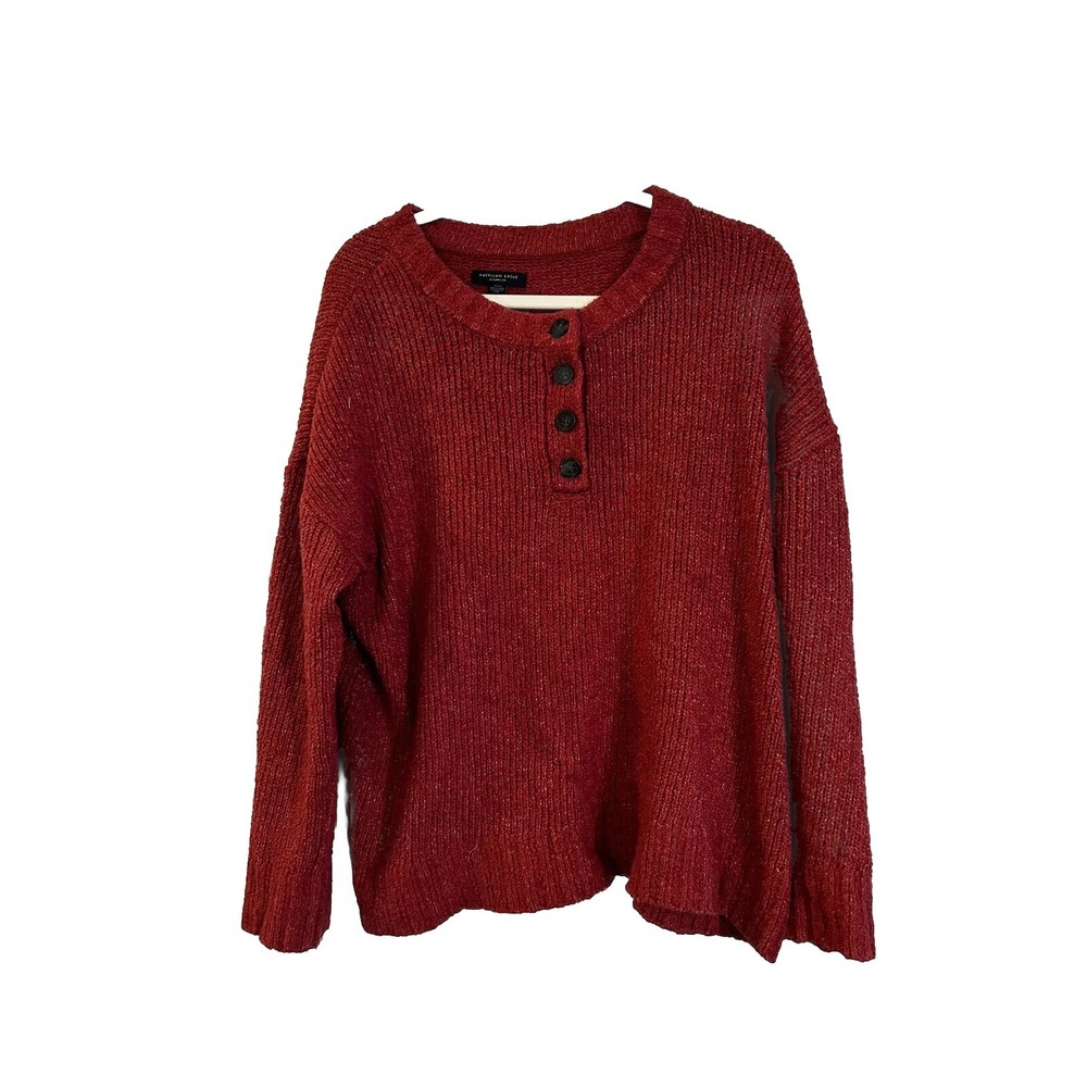 American Eagle Womens Red 1/4 Button Sweater M Jegging Fit Cozy Oversized Knit
